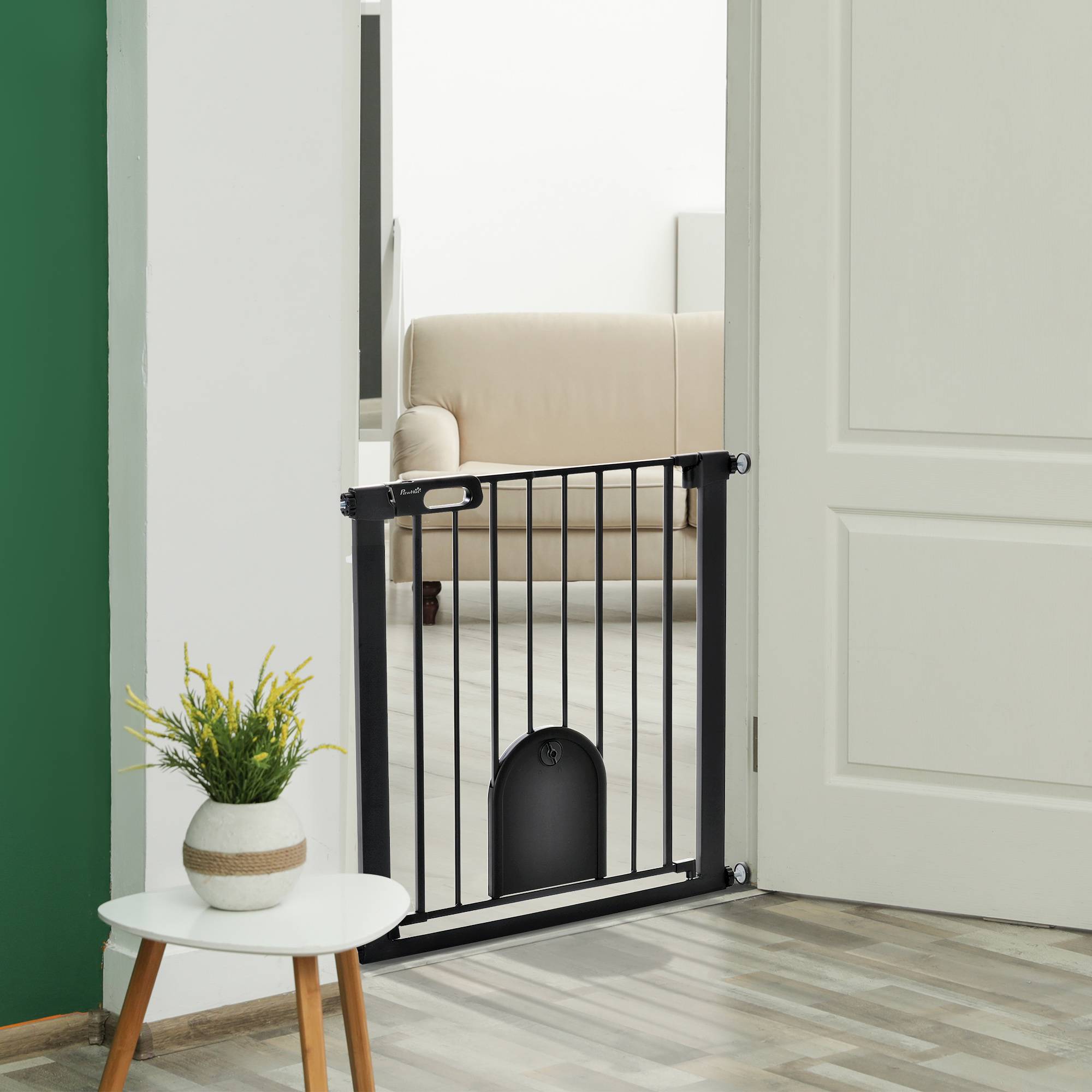 Barrière de sécurité acier animaux maison porte chat fermeture auto 82x76cm noir - ComfortXL Outdoor Living - Image 4