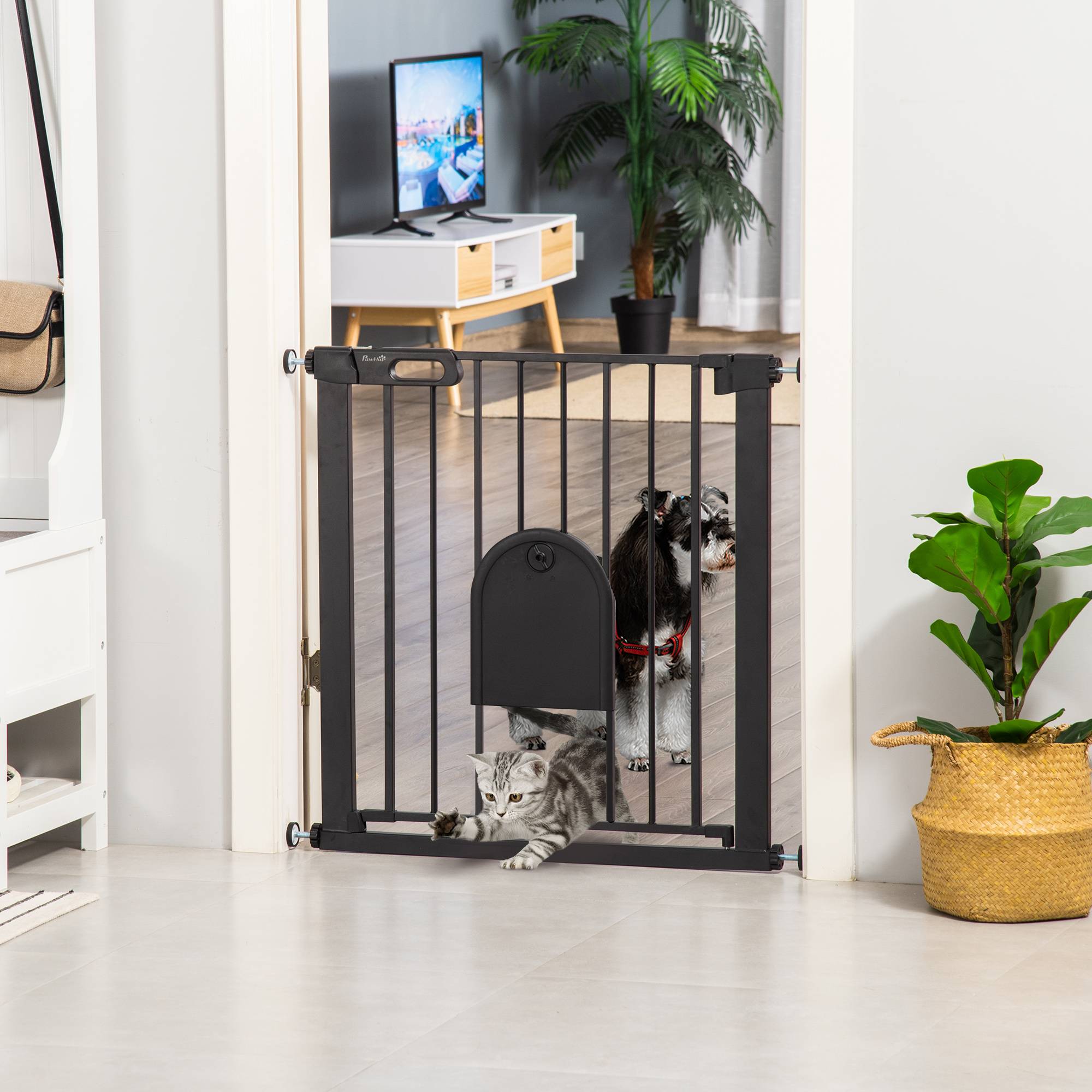 Barrière de sécurité acier animaux maison porte chat fermeture auto 82x76cm noir - ComfortXL Outdoor Living - Image 3