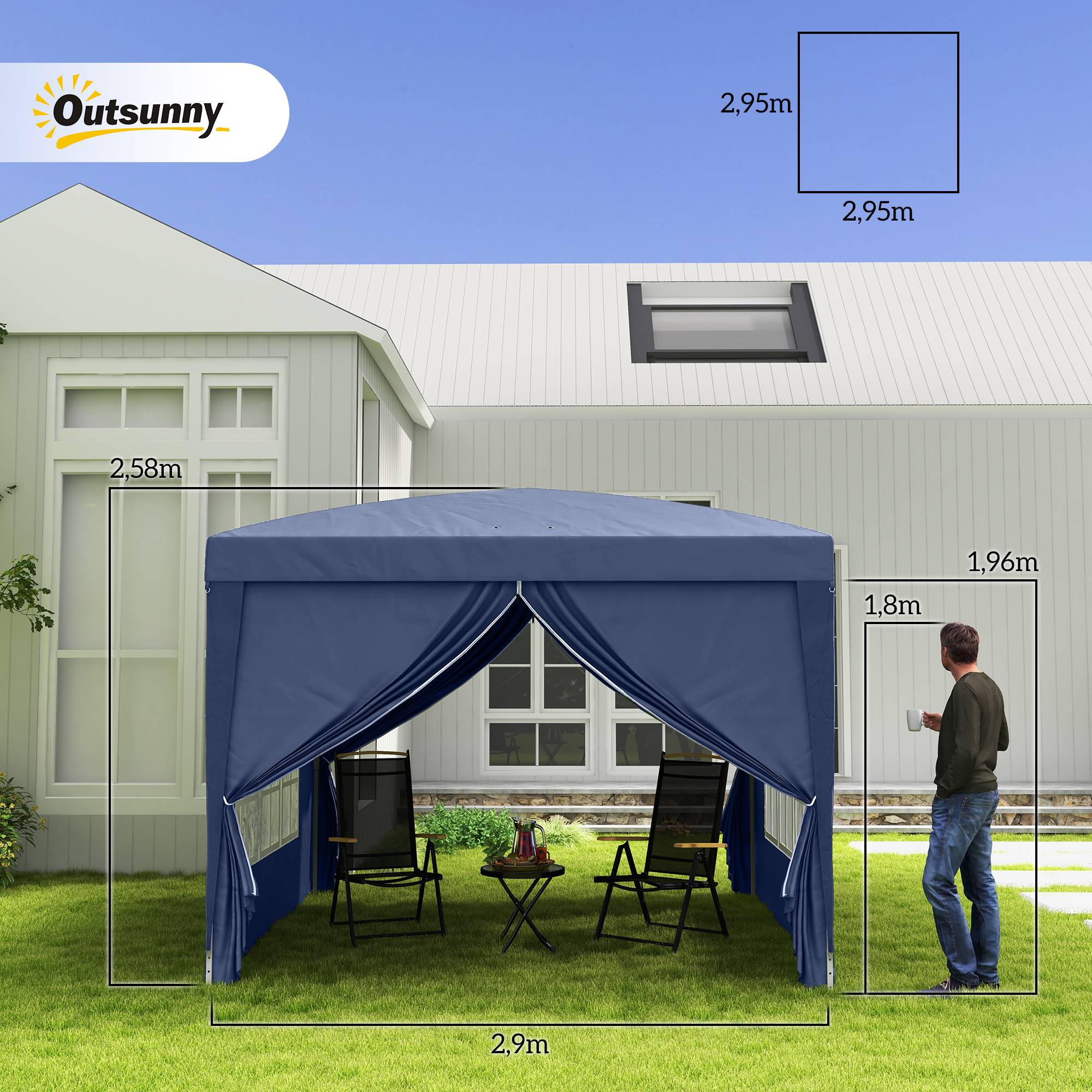 Tonnelle pliante avec 4 parois amovibles, 3 x 3 m, avec sac de transport, imperméable et anti-UV, bleue. - Image 5