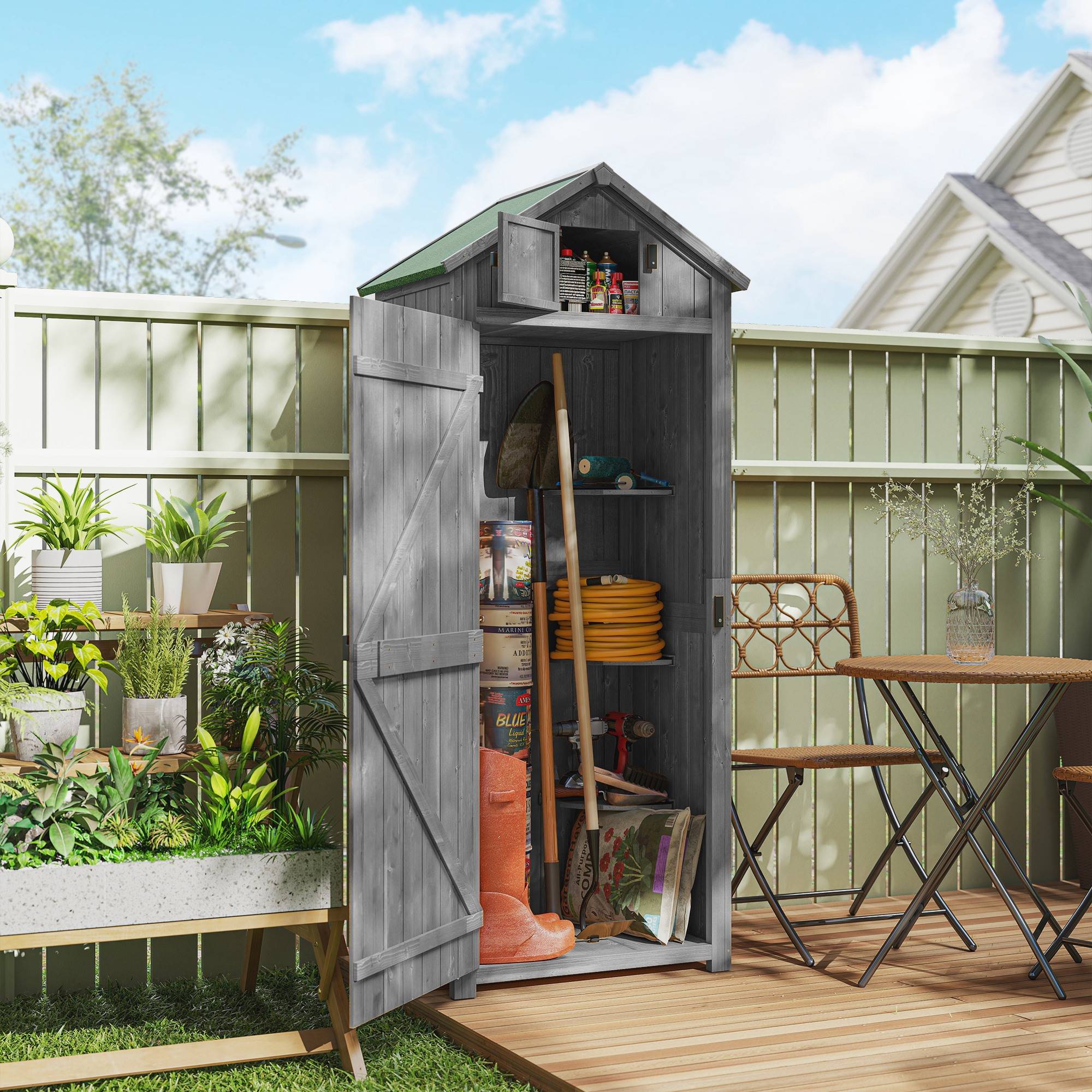 Armoire de jardin bois extérieur 3 étagères double porte 77x54x179cm gris - ComfortXL Outdoor Living - Image 3