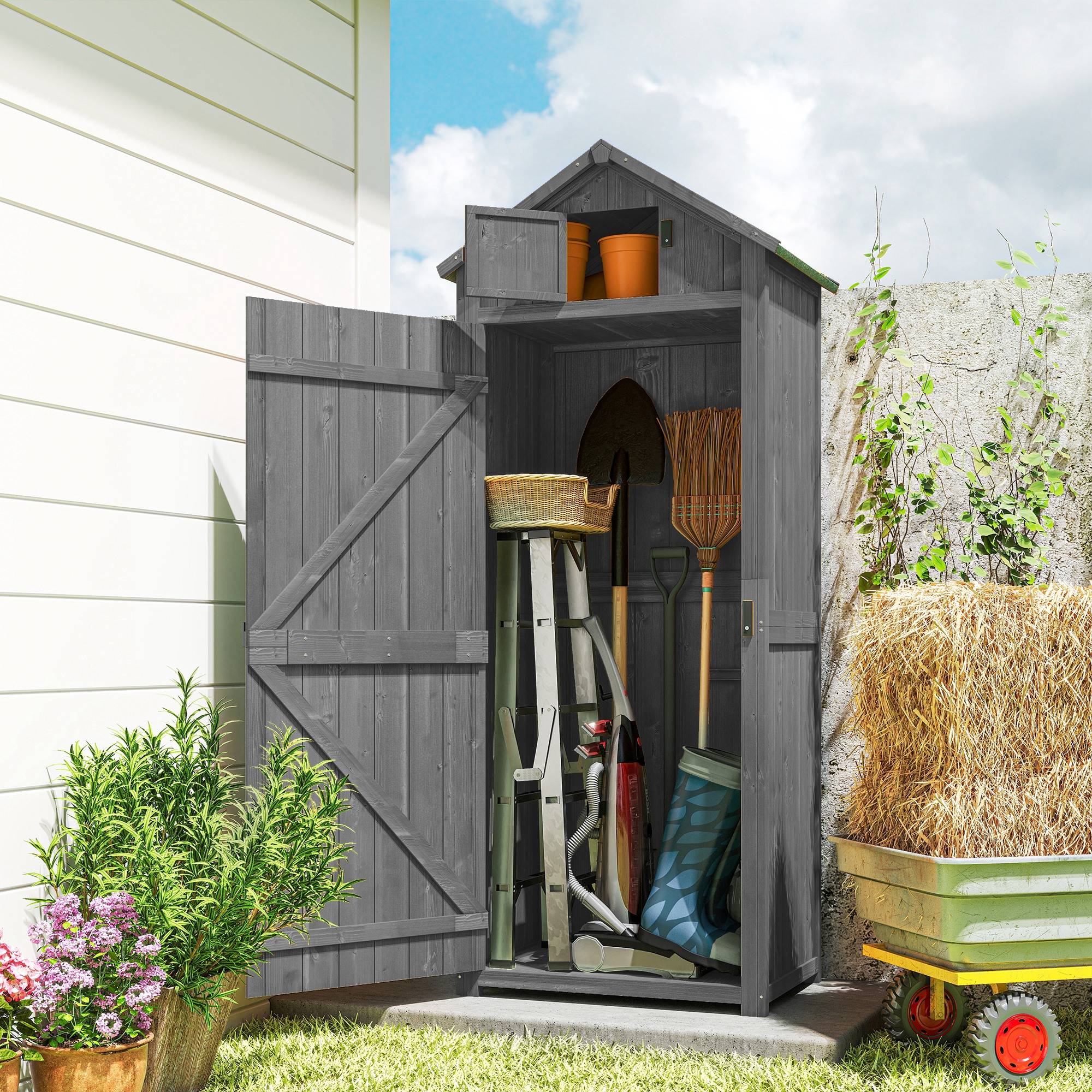 Armoire de jardin bois extérieur 3 étagères double porte 77x54x179cm gris - ComfortXL Outdoor Living - Image 4