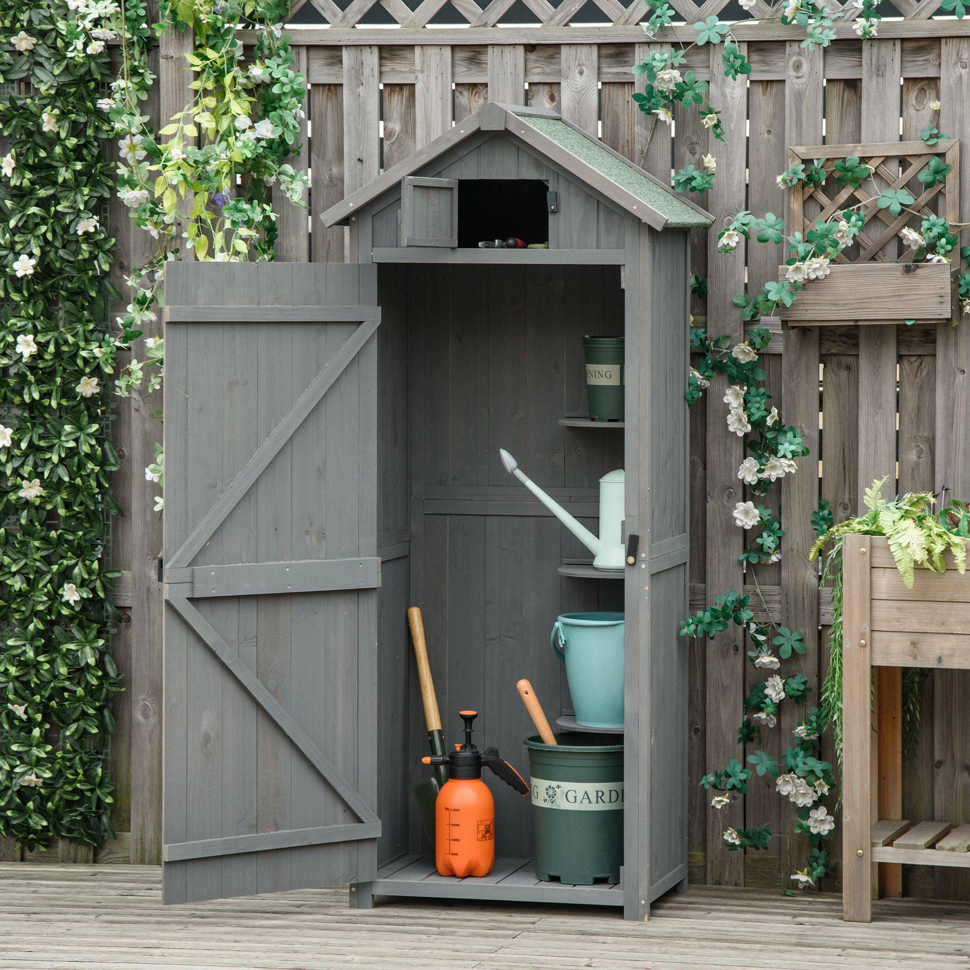 Armoire de jardin bois extérieur 3 étagères double porte 77x54x179cm gris - ComfortXL Outdoor Living - Image 9