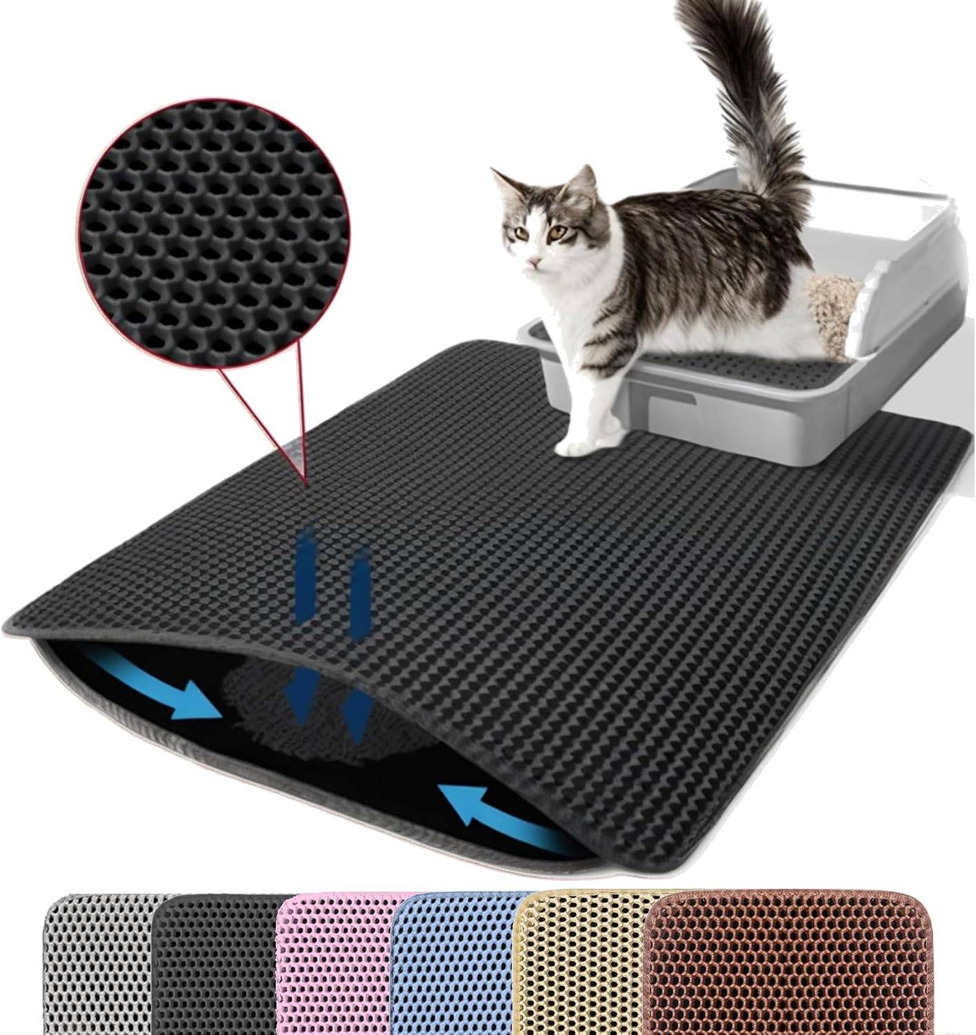 Tapis de litière pour chat, double couche, nid d'abeille, antidérapant, imperméable et anti-urine, accessoire pour chat, 55*75 cm, noir-Lytech