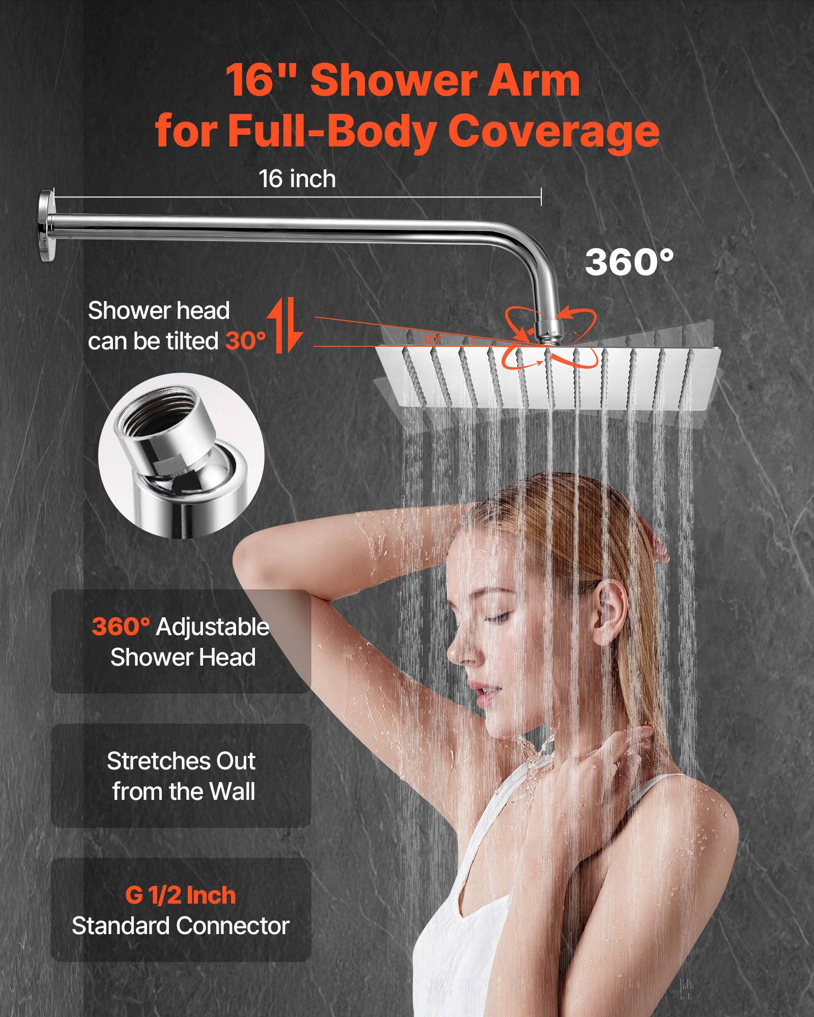 VEVOR Kit de Douche avec Douchette de Tête Carrée 25,4cm et à Main Argent Chromé - Image 4