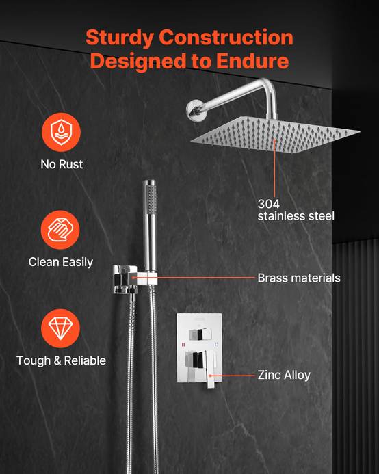 VEVOR Kit de Douche avec Douchette de Tête Carrée 25,4cm et à Main Argent Chromé - Image 6