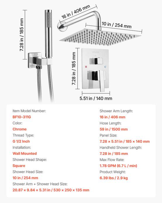 VEVOR Kit de Douche avec Douchette de Tête Carrée 25,4cm et à Main Argent Chromé - Image 7