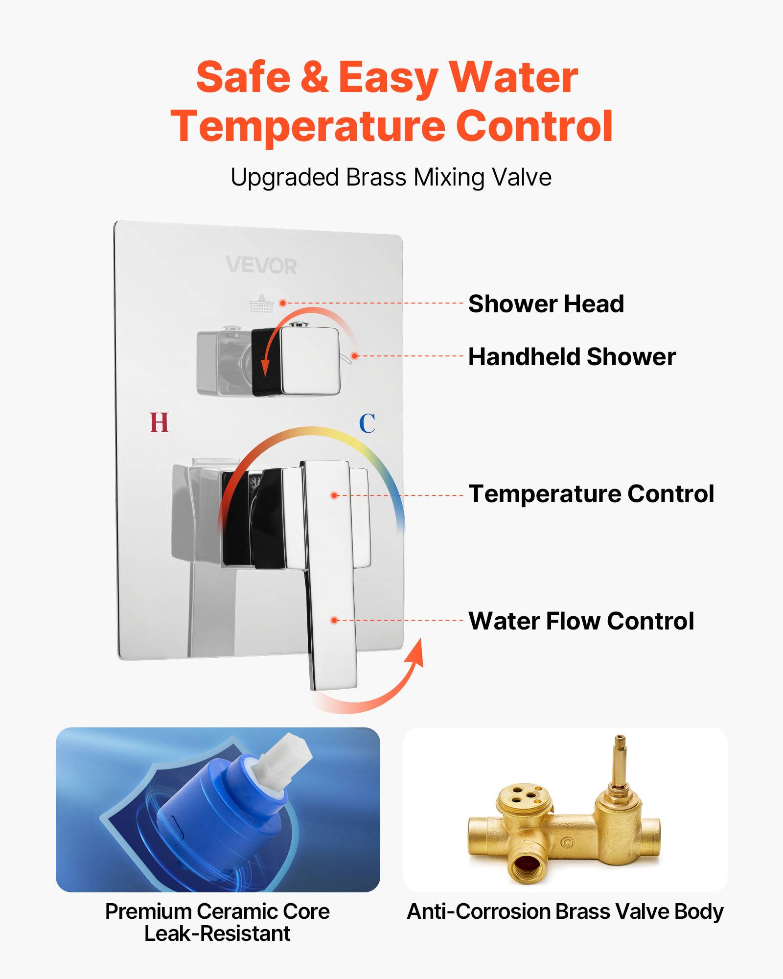 VEVOR Kit de Douche avec Douchette de Tête Carrée 25,4cm et à Main Argent Chromé - Image 5