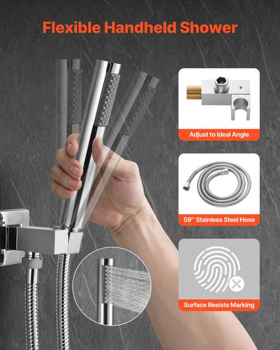 VEVOR Kit de Douche avec Douchette de Tête Carrée 25,4cm et à Main Argent Chromé - Image 3