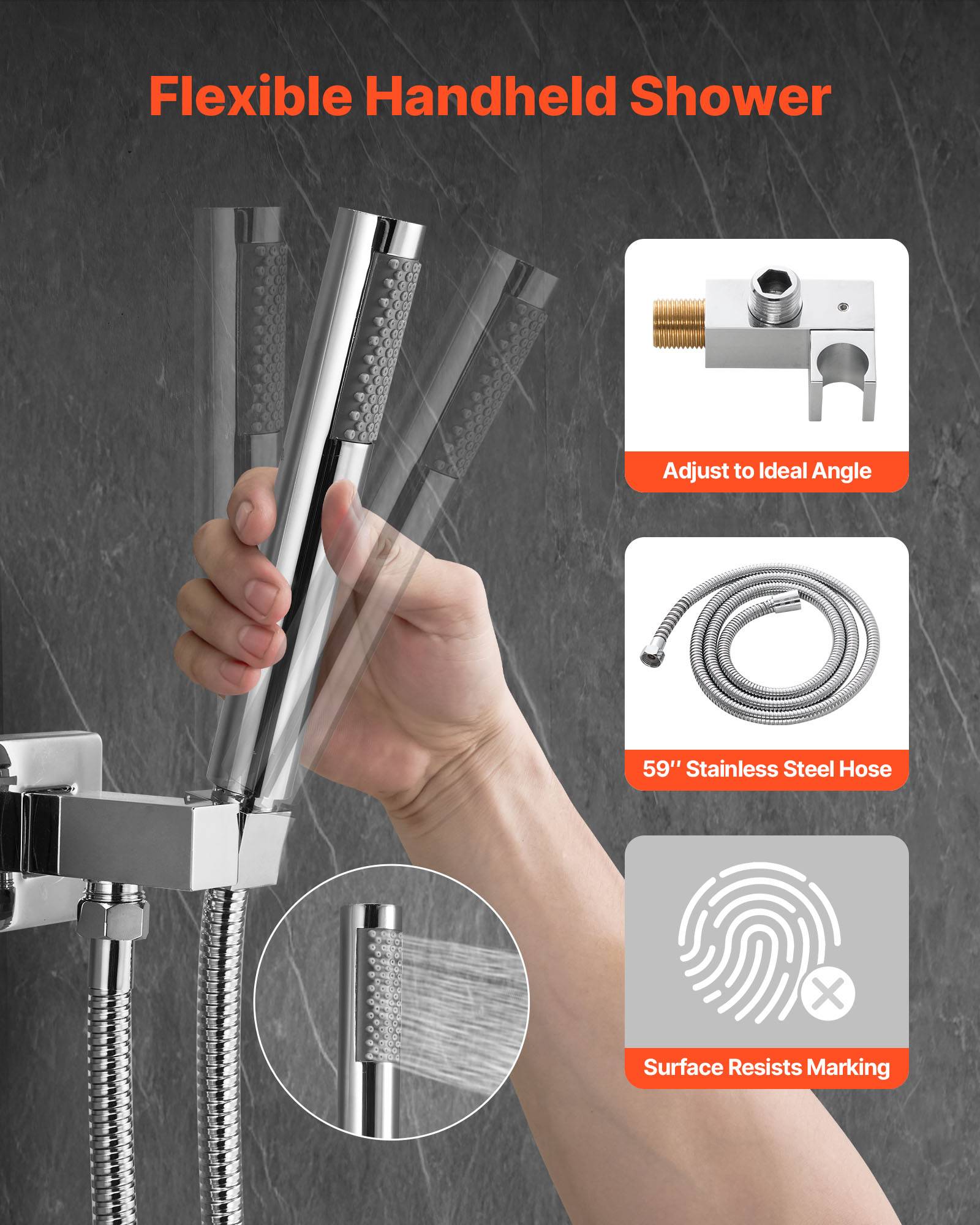 VEVOR Kit de Douche avec Douchette de Tête Carrée 25,4cm et à Main Argent Chromé - Image 3