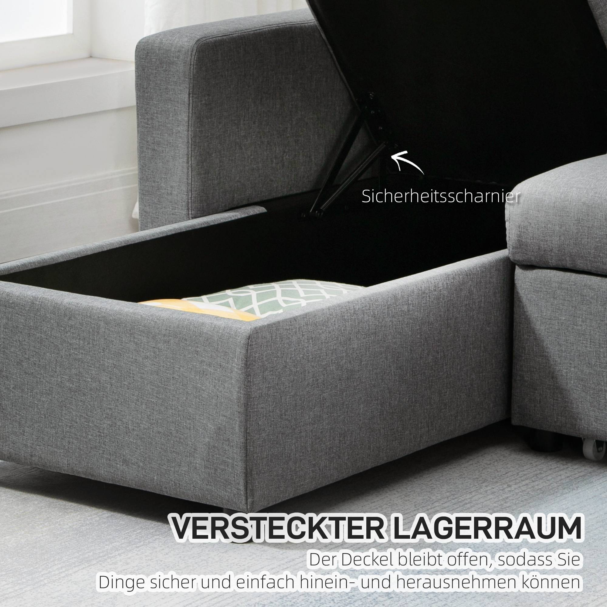 Canapé d'angle L convertible avec coffre de rangement, canapé-lit méridienne tissu aspect lin gris clair 211,5x146x85 cm - Image 8
