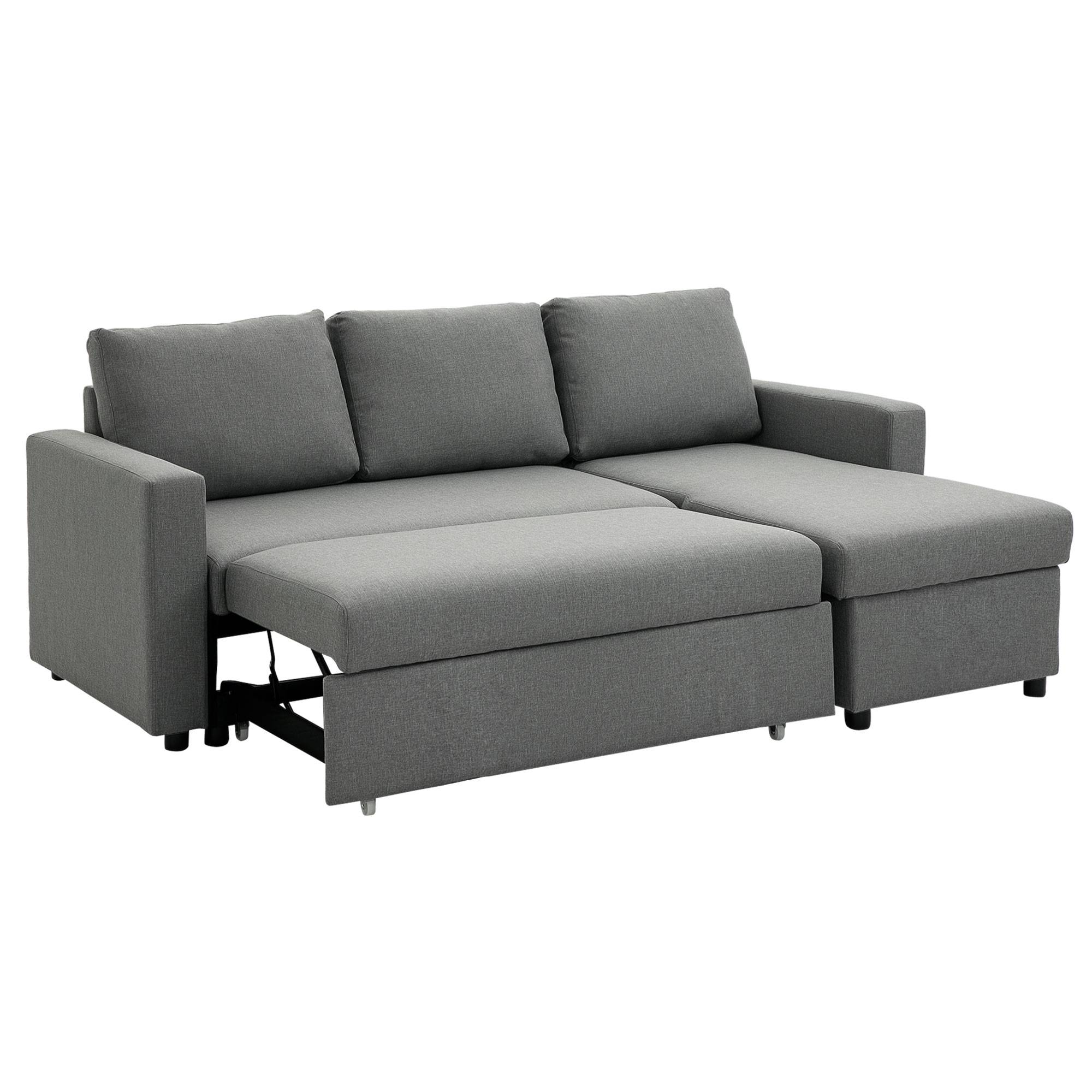 Canapé d'angle L convertible avec coffre de rangement, canapé-lit méridienne tissu aspect lin gris clair 211,5x146x85 cm - Image 2