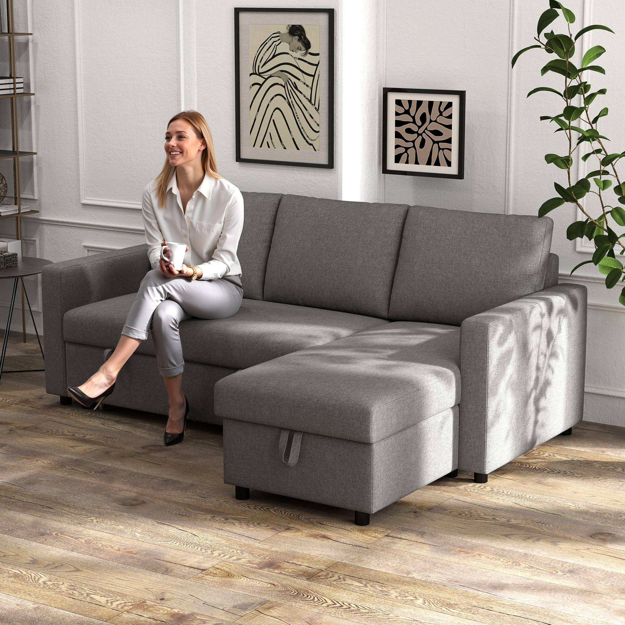 Canapé d'angle L convertible avec coffre de rangement, canapé-lit méridienne tissu aspect lin gris clair 211,5x146x85 cm - Image 9