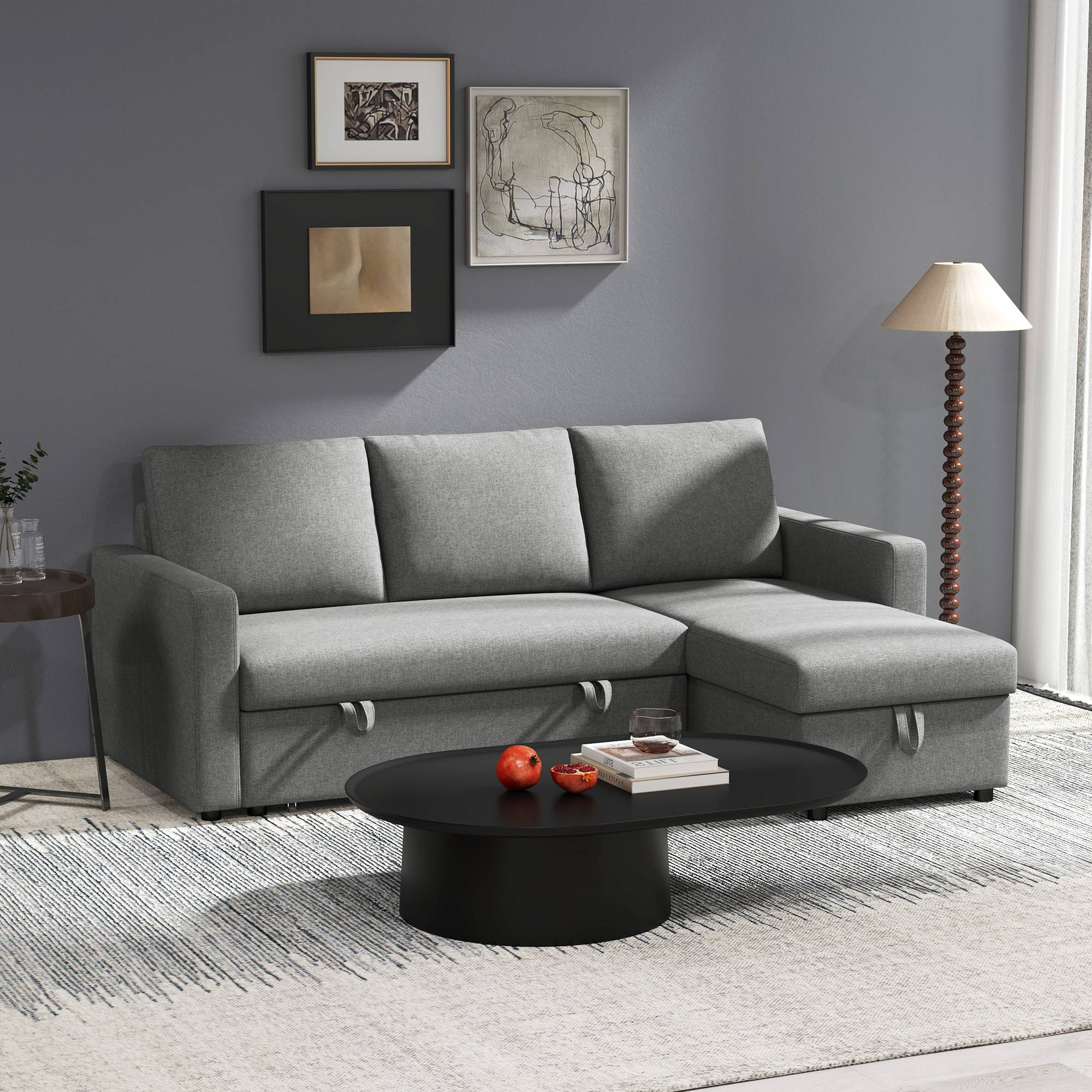 Canapé d'angle L convertible avec coffre de rangement, canapé-lit méridienne tissu aspect lin gris clair 211,5x146x85 cm - Image 3