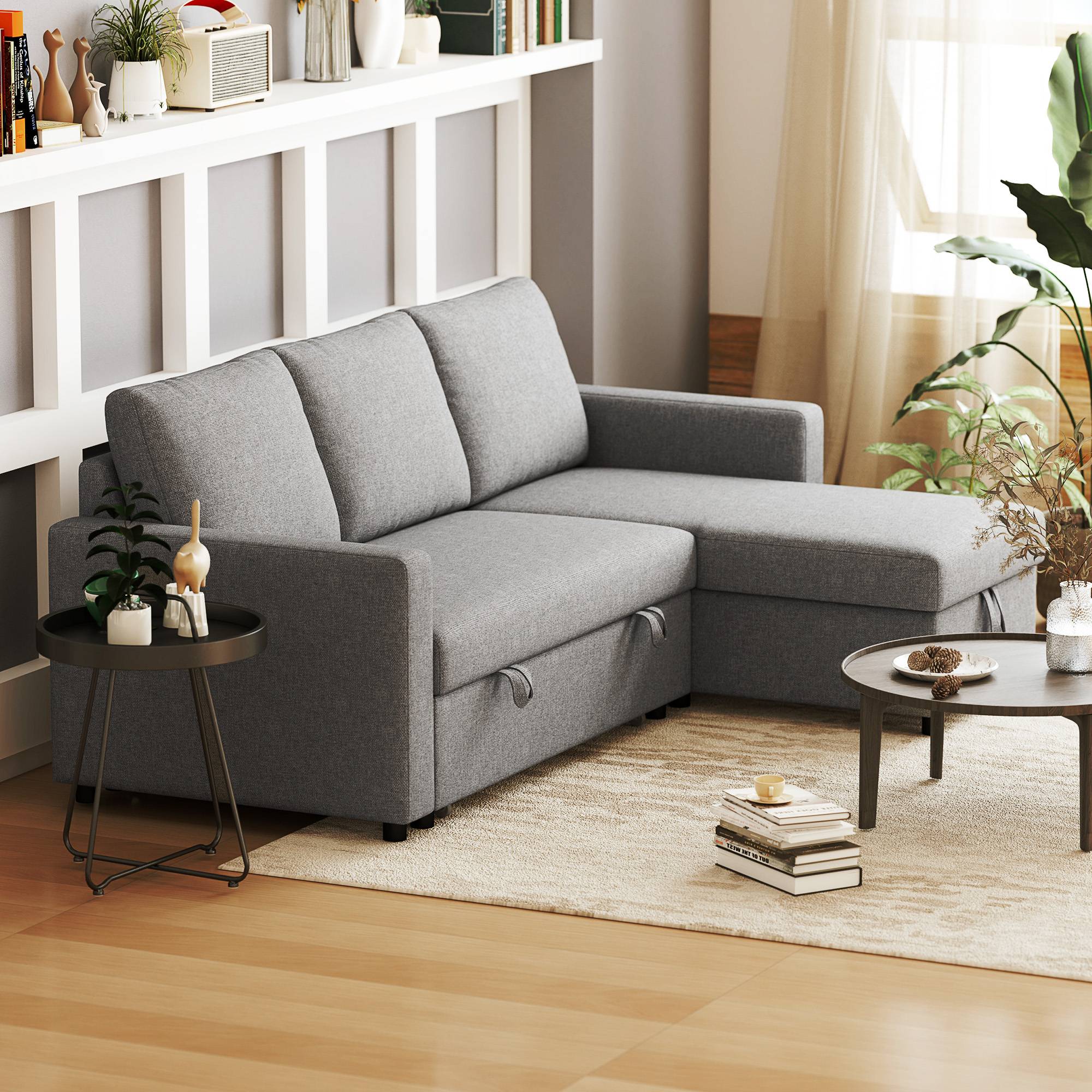 Canapé d'angle L convertible avec coffre de rangement, canapé-lit méridienne tissu aspect lin gris clair 211,5x146x85 cm - Image 10
