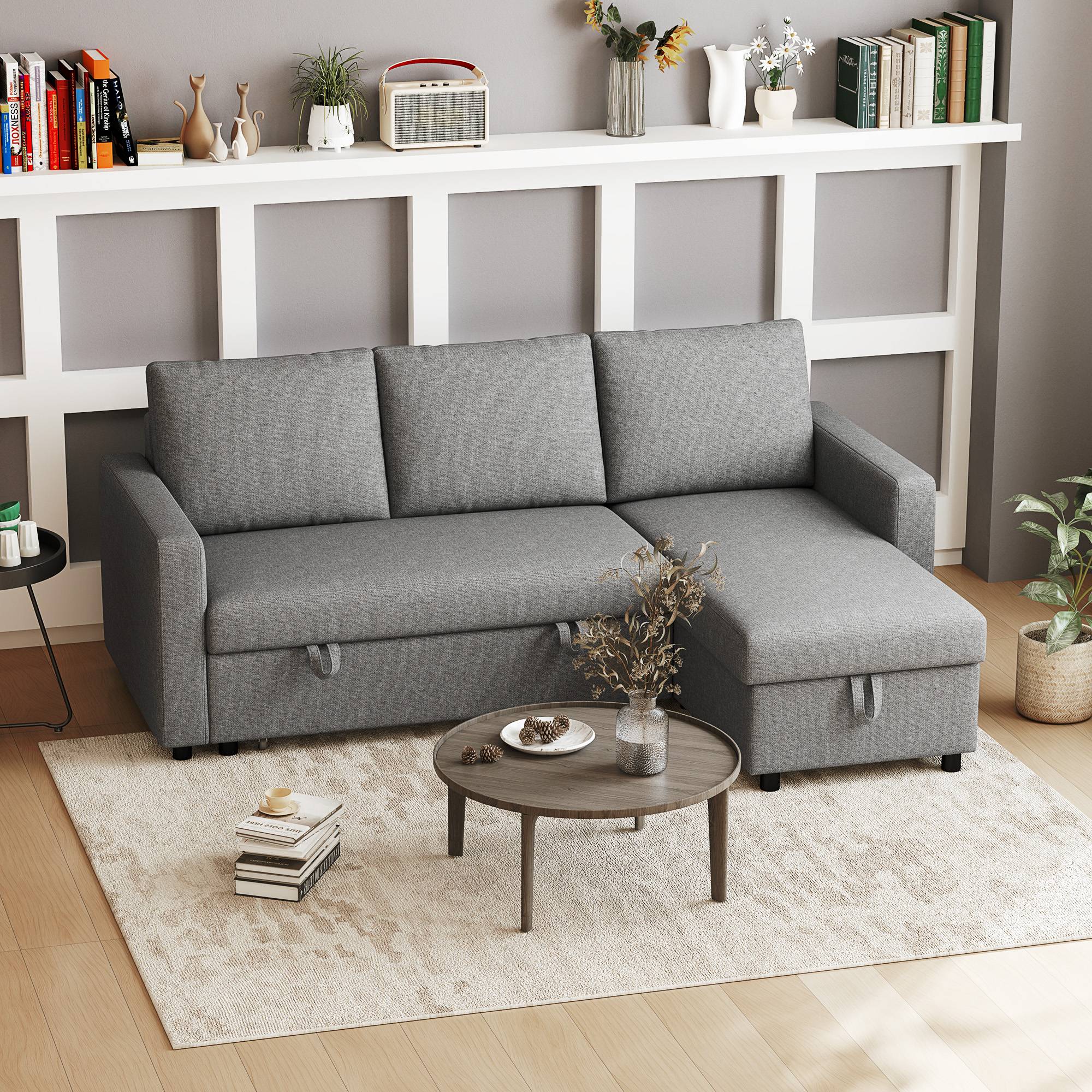 Canapé d'angle L convertible avec coffre de rangement, canapé-lit méridienne tissu aspect lin gris clair 211,5x146x85 cm - Image 4
