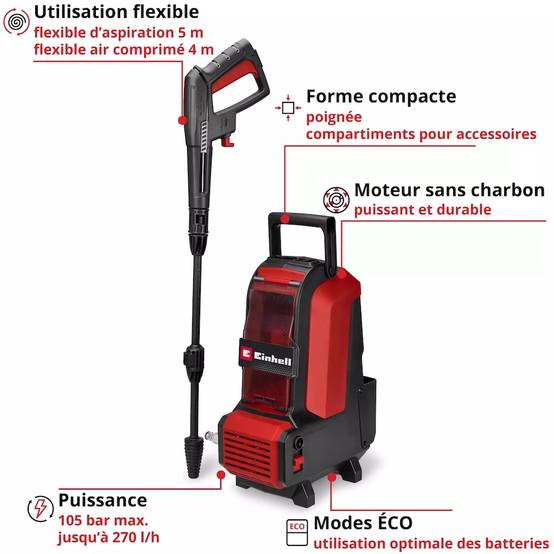 Einhell - Nettoyeur haute pression sans fil – HYPRESSO 36/105 – 36 V – 105 bar – 270 l/h – Moteur sans charbon – Fonction ECO – Compact et mobile - Image 4