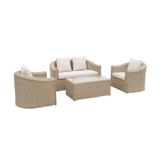 sweeek - Salon de jardin en résine tressée arrondie 4 places - Valentino Naturel - Coussins beiges. canapé fauteuils table basse | sweeek - Image 2