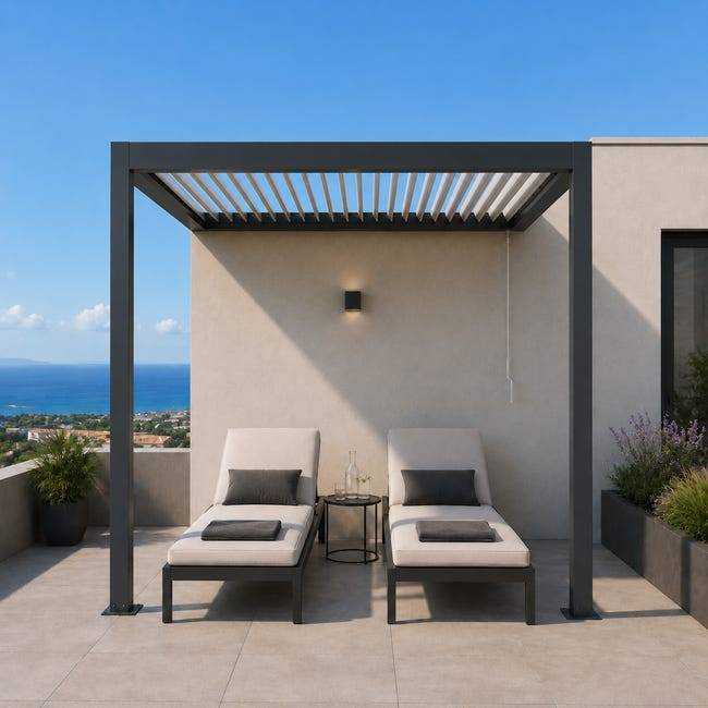 Pergola Bioclimatique Aluminium Adossée Anthracite 3x2 Manuelle S ORIAL France - Image 4