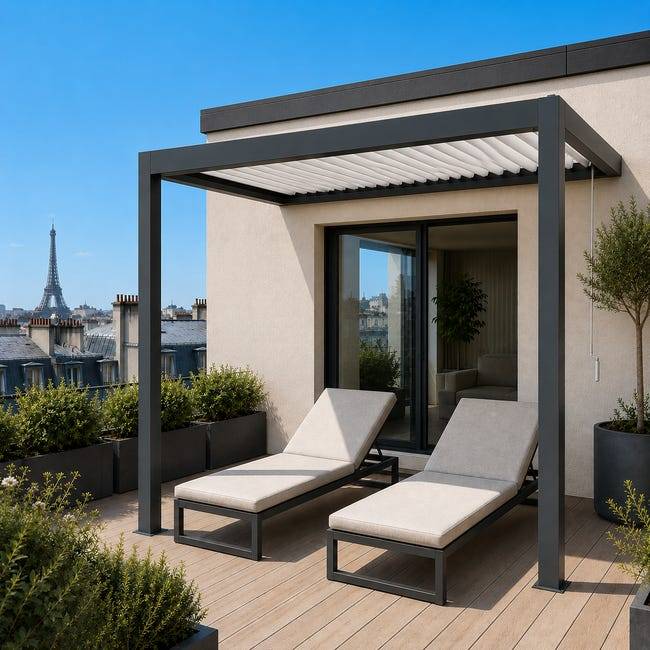 Pergola Bioclimatique Aluminium Adossée Anthracite 3x2 Manuelle S ORIAL France - Image 1