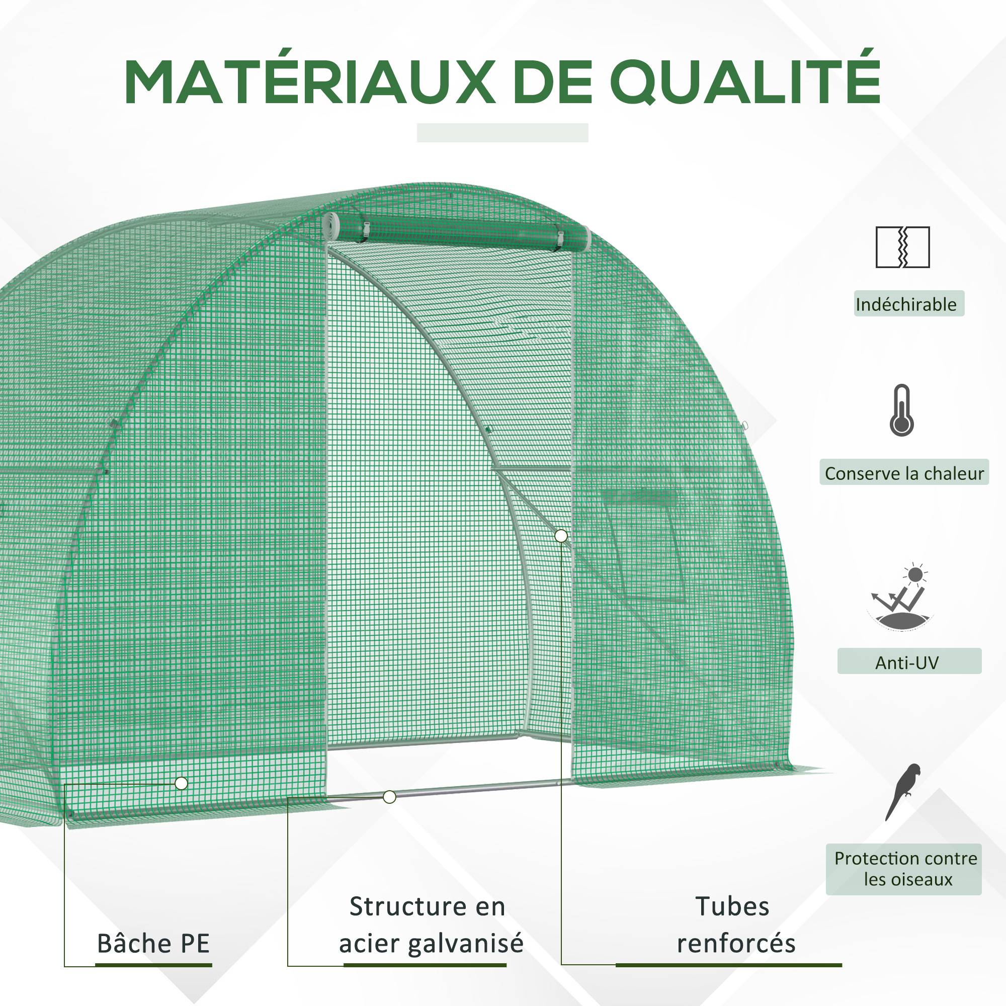 Sans Marque - Serre de Jardin Tunnel serre d'hivernage Surface Sol 4,5 m² dim. 3L x 1,5l x 2H m châssis Tubulaire renforcé Porte zippée 2 fenêtres enroulables Vert - Image 6