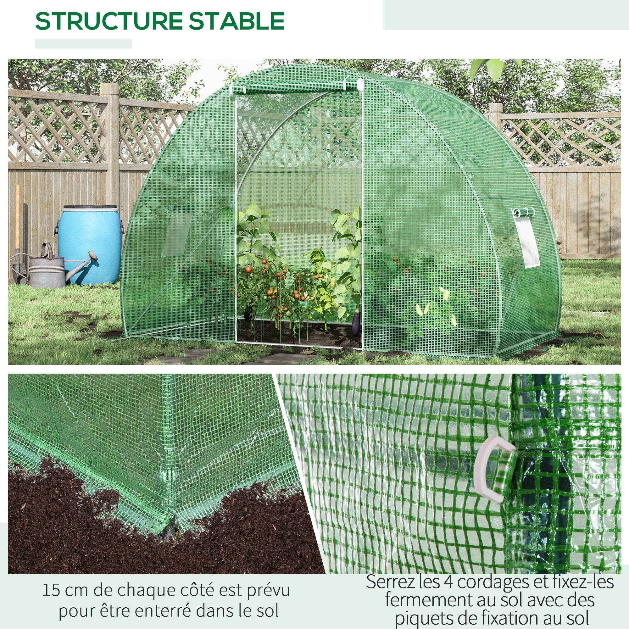 Sans Marque - Serre de Jardin Tunnel serre d'hivernage Surface Sol 4,5 m² dim. 3L x 1,5l x 2H m châssis Tubulaire renforcé Porte zippée 2 fenêtres enroulables Vert - Image 8