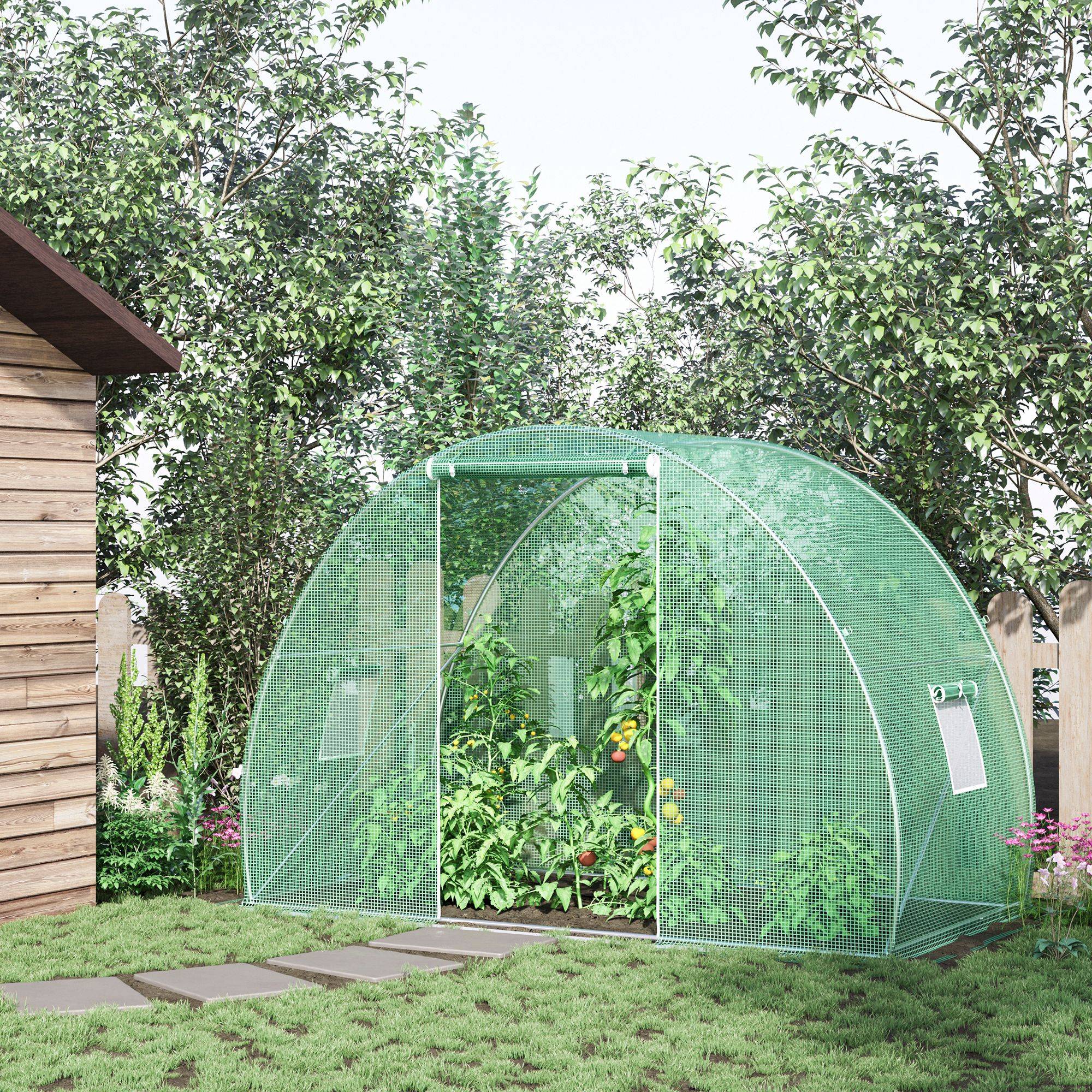 Sans Marque - Serre de Jardin Tunnel serre d'hivernage Surface Sol 4,5 m² dim. 3L x 1,5l x 2H m châssis Tubulaire renforcé Porte zippée 2 fenêtres enroulables Vert - Image 3