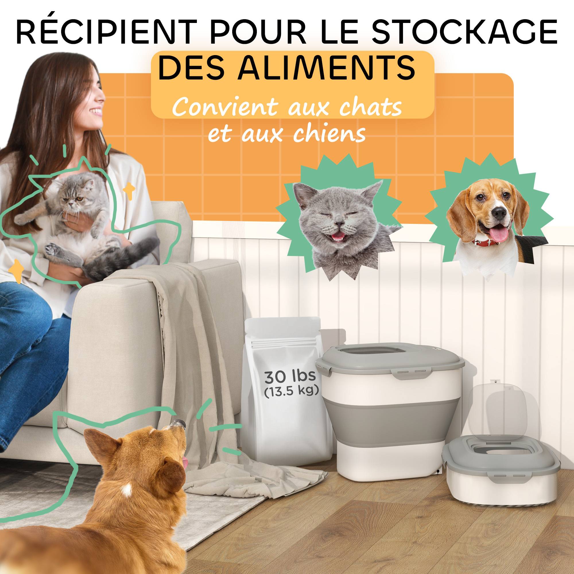 Sans Marque - Conteneur à croquettes pour chien pliable 25L rangement hermétique couvercles hermétiques roulettes 44 x 32 x 37 cm gris - Image 6
