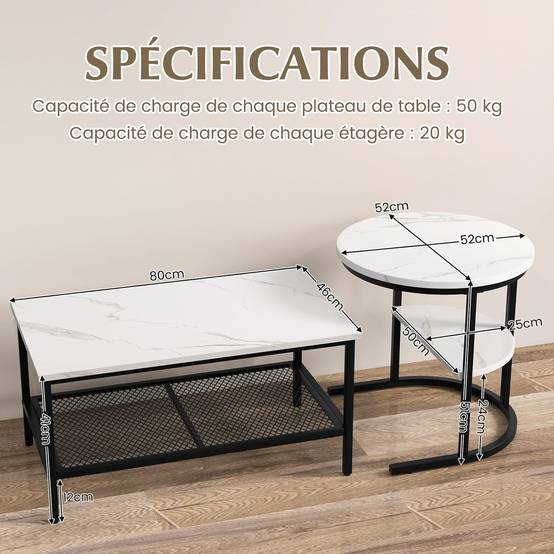 Tables Basses Gigognes Lot de 2,Table Gigogne Design Marbre,Cadre en Métal,Table Salon Rectangulaire - Image 4