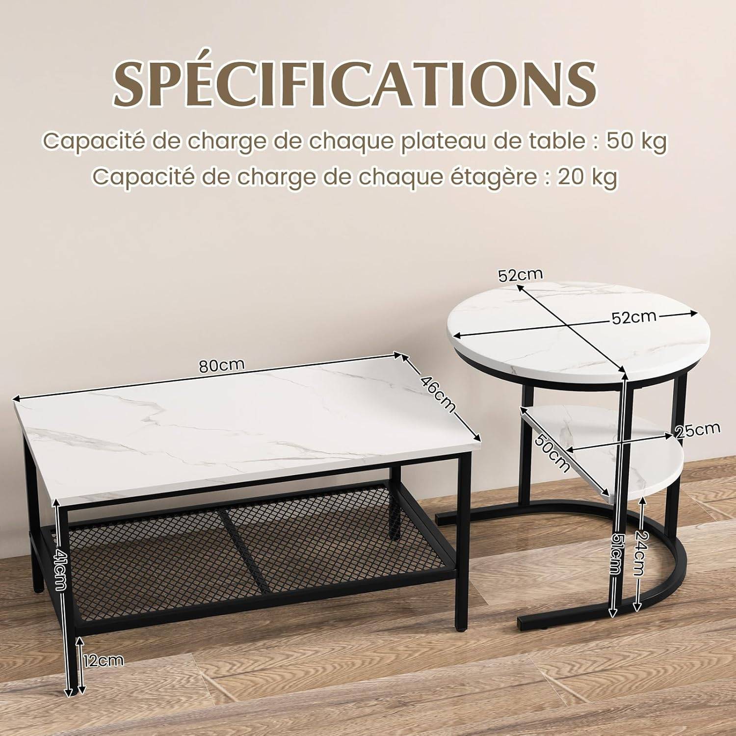 Tables Basses Gigognes Lot de 2,Table Gigogne Design Marbre,Cadre en Métal,Table Salon Rectangulaire - Image 4