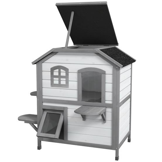 Maison pour chat bois de sapin blanc et gris 99.5 x 76 x 91 cm - PANGIVO - Image 2