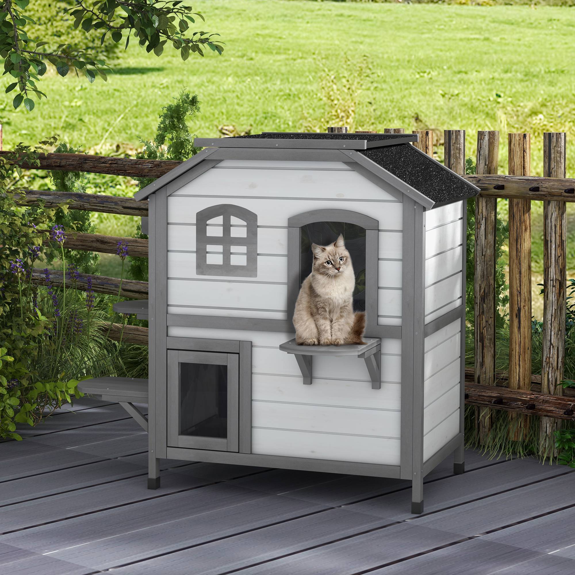Maison pour chat bois de sapin blanc et gris 99.5 x 76 x 91 cm - PANGIVO - Image 4