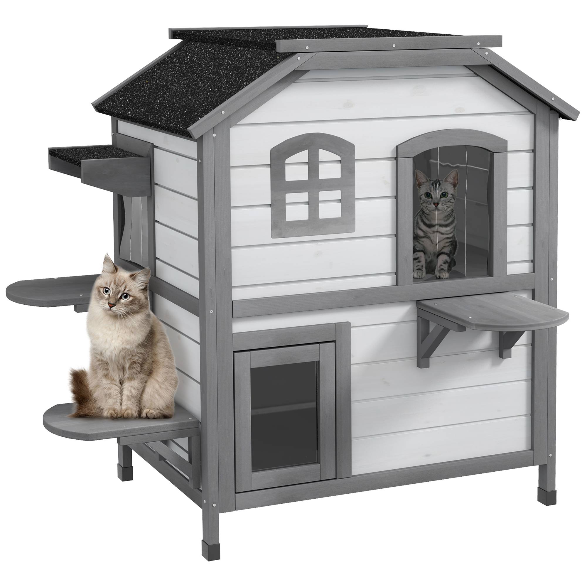 Maison pour chat bois de sapin blanc et gris 99.5 x 76 x 91 cm - PANGIVO - Image 1