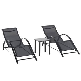 Lot de 2 bains de soleil chaise longue design contemporain, table basse verre trempé, textilène noir