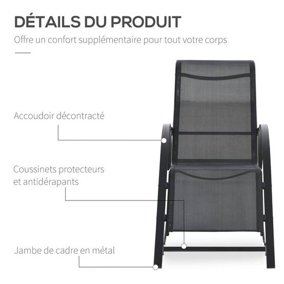 Lot de 2 bains de soleil chaise longue design contemporain, table basse verre trempé, textilène noir - Image 8