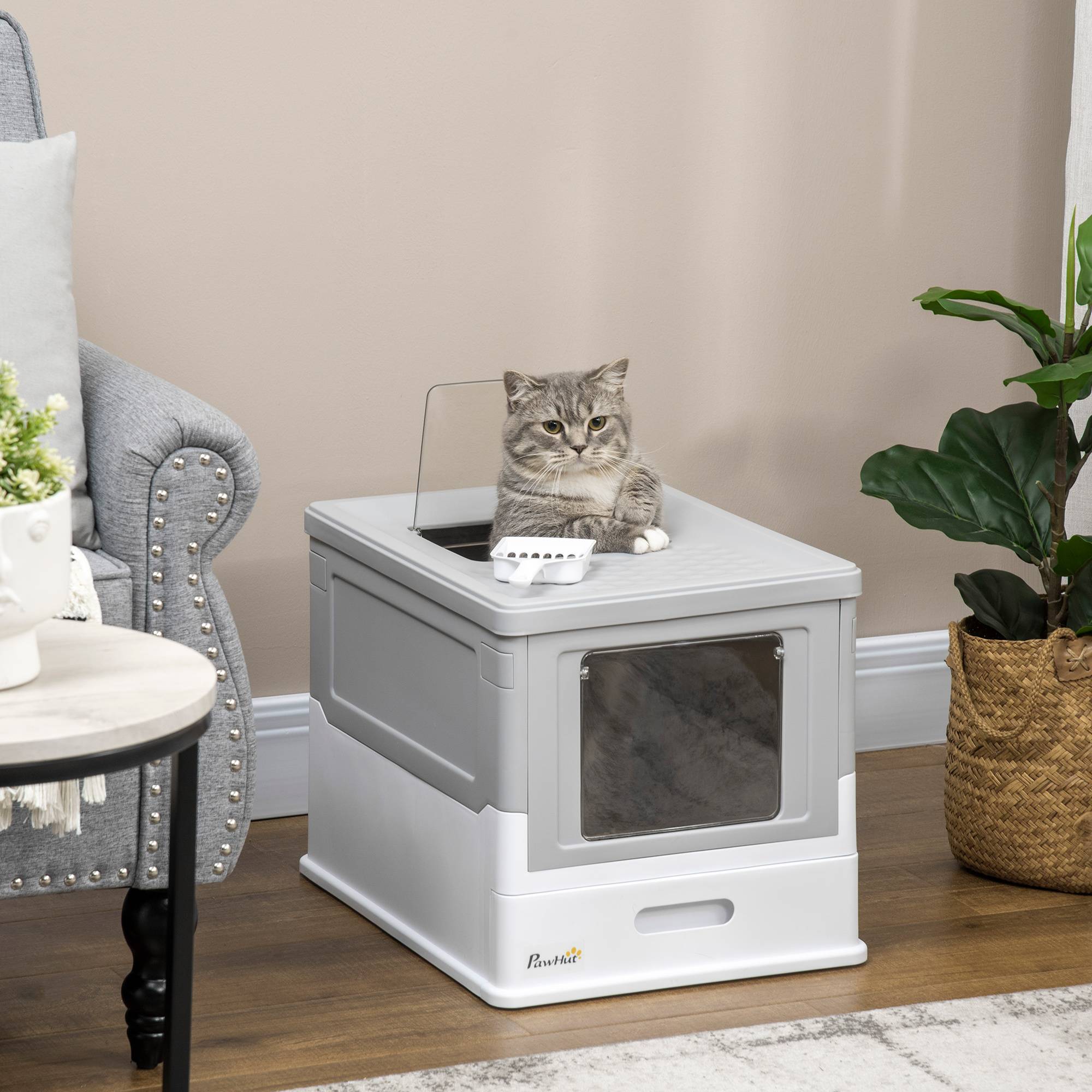 Sans Marque - Maison de toilette pour chat pliable double porte battante et supérieure pelle fourni 47,5 x 35,5 x 36,7 cm gris - Image 2