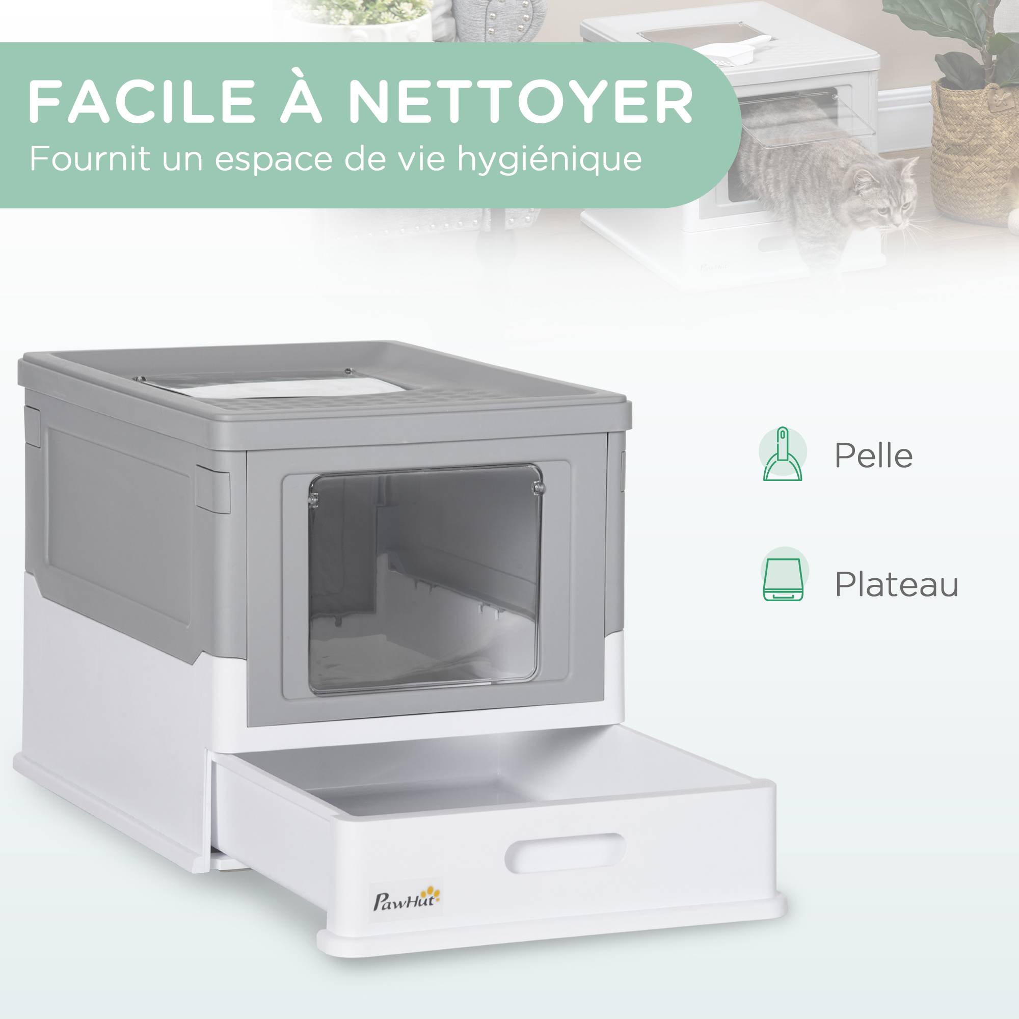 Sans Marque - Maison de toilette pour chat pliable double porte battante et supérieure pelle fourni 47,5 x 35,5 x 36,7 cm gris - Image 5