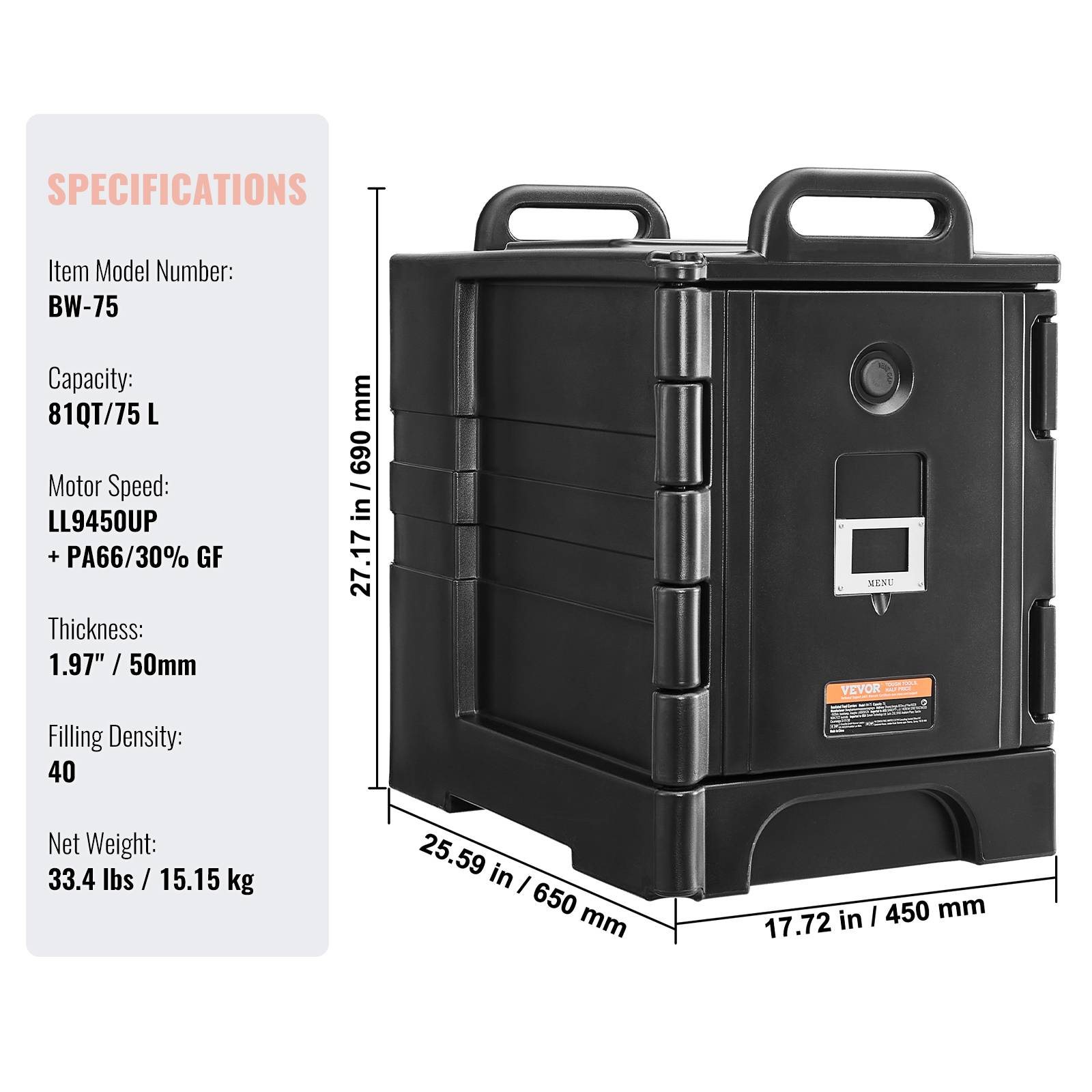 VEVOR Conteneur isotherme bac gastronorme 75 L, empilable, double boucle. Noir. - Image 7