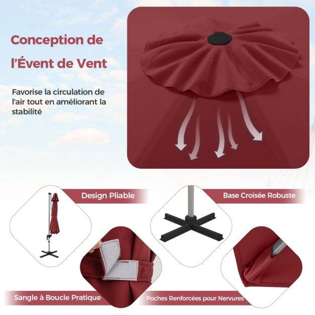 Helloshop26 - Parasol extérieur de 33 cm parasol rond en porte-a-faux avec rotation à 360° inclinaison réglable parasol déporté résistant au vent rouge - Image 3
