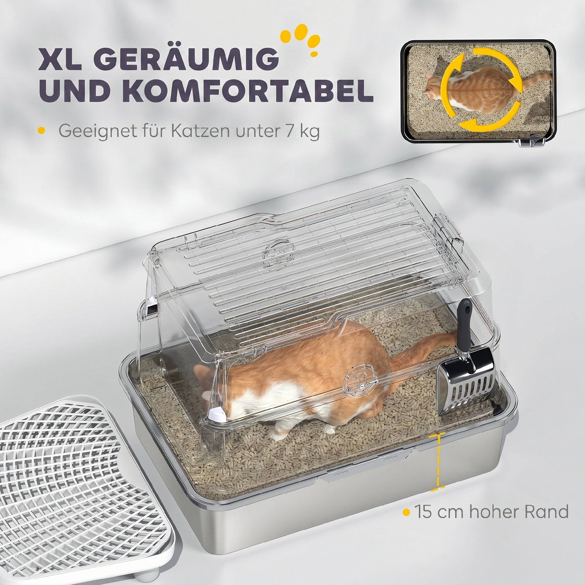 Bac à litière pour chat, en acier inoxydable, grand format, avec pelle, gris clair - Image 8