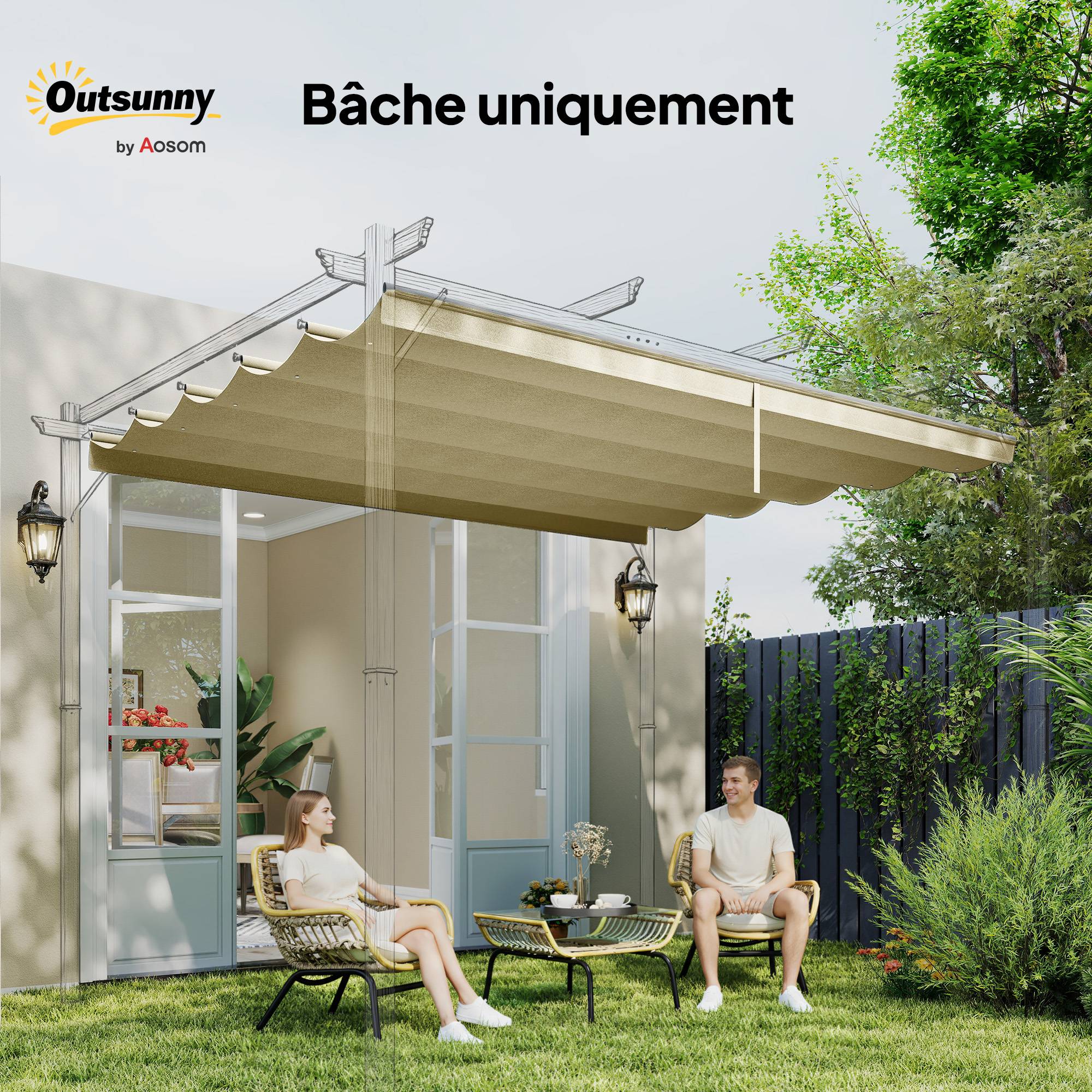Toile de toit polyester pour pergola rétractable protection ombre respirant 350x260cm Beige - ComfortXL Outdoor Living - Image 9