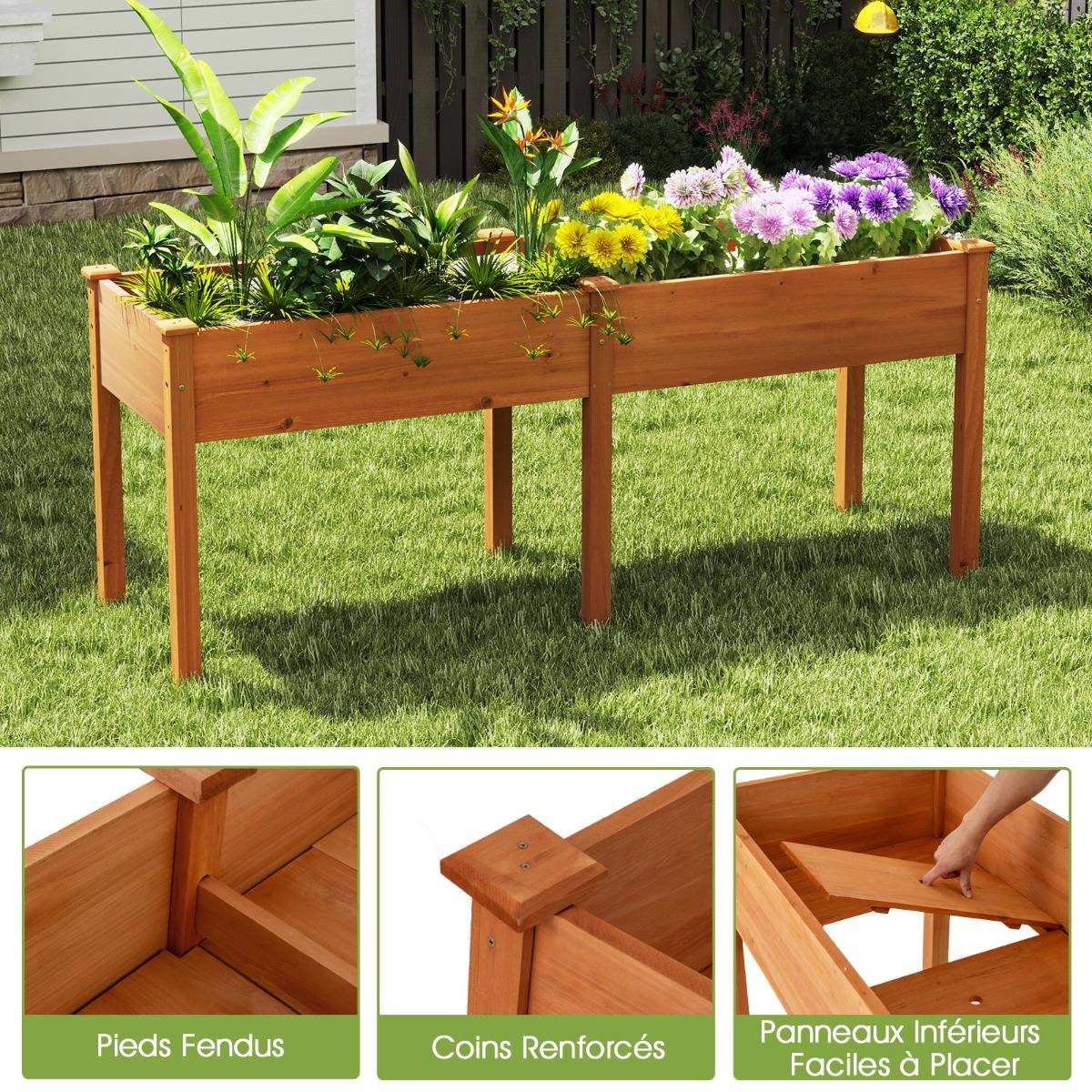 Bac de Jardin Surlev pour Extrieur avec Pieds Bac  Plantes en Bois avec  Panneau Diviseur Trous - Gamm vert