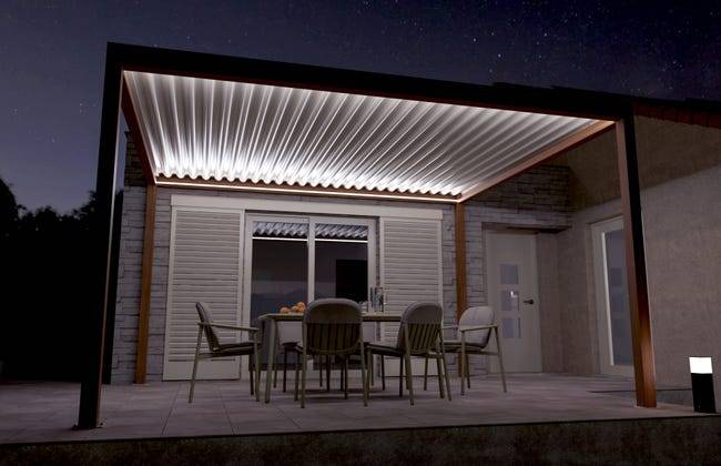 Pergola Bioclimatique Autoportante Motorisée Éclairée Aluminium 4x3,5 Aspect Bois SV ORIAL France - Image 3