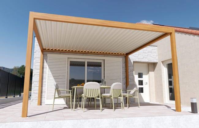 Pergola Bioclimatique Autoportante Motorisée Éclairée Aluminium 4x3,5 Aspect Bois SV ORIAL France - Image 1