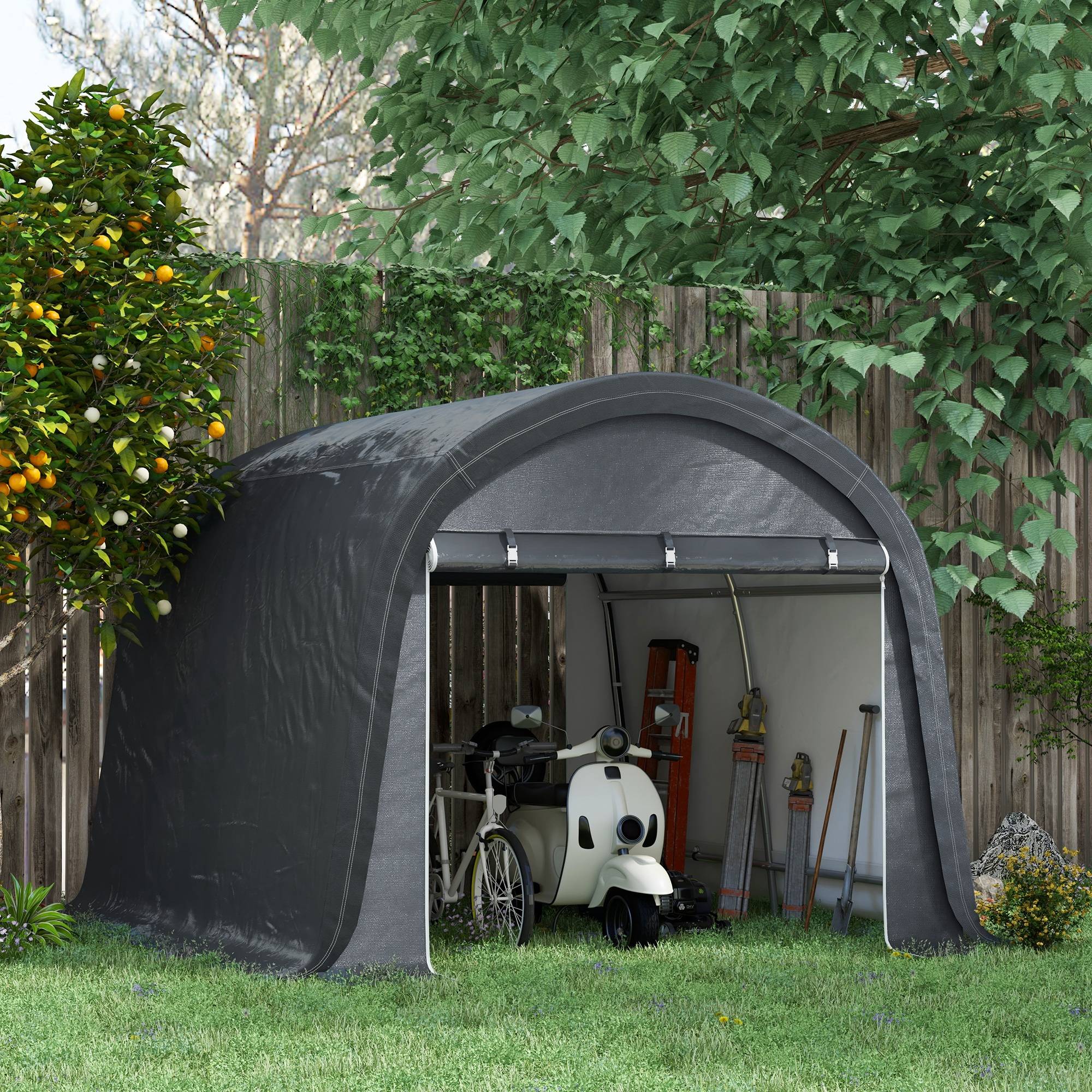 Abri de jardin en bâche 3×3m gris, protection UV, hydrofuge, cadre acier et bâche PE, équipé de deux portes enroulables - Image 2