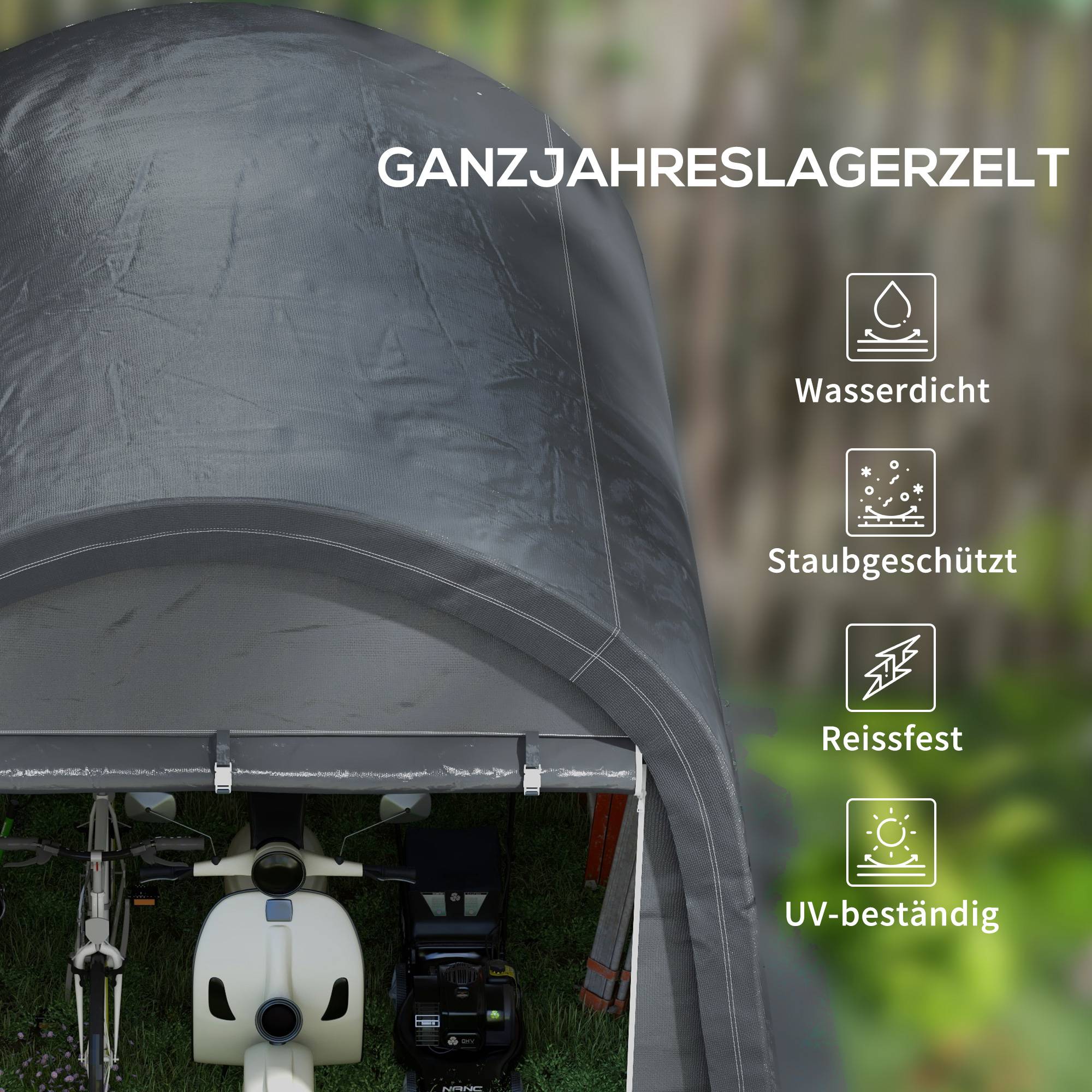 Abri de jardin en bâche 3×3m gris, protection UV, hydrofuge, cadre acier et bâche PE, équipé de deux portes enroulables - Image 4