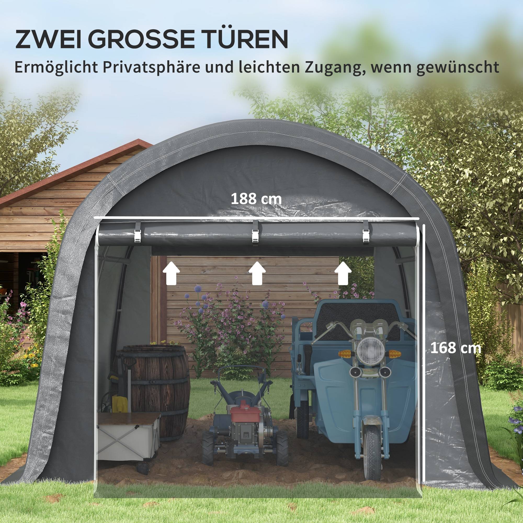 Abri de jardin en bâche 3×3m gris, protection UV, hydrofuge, cadre acier et bâche PE, équipé de deux portes enroulables - Image 6