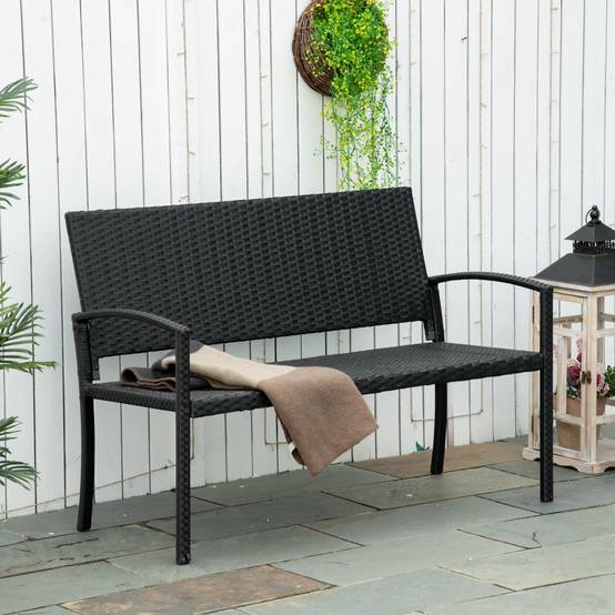 Banc de jardin 2 places, avec structure en acier et tressage en polyrotin noir. - Image 2