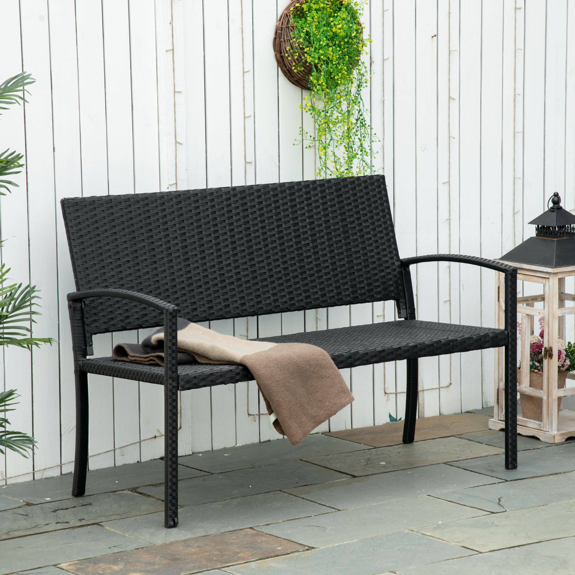 Banc de jardin 2 places, avec structure en acier et tressage en polyrotin noir. - Image 2