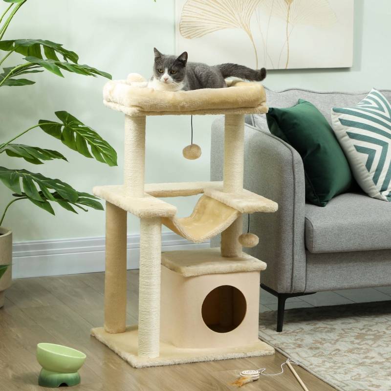 Arbre à Chat Griffoir Sisal Niche Hamac Jouet 48x48x90cm Crème - ComfortXL Pet Living - Image 1