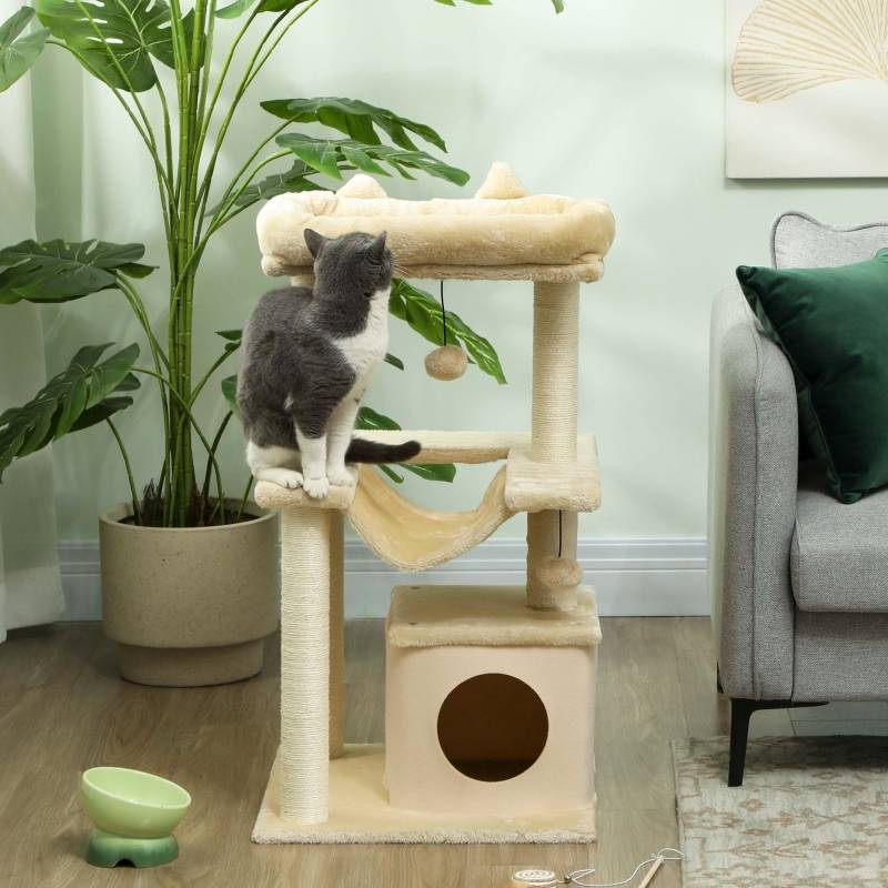 Arbre à Chat Griffoir Sisal Niche Hamac Jouet 48x48x90cm Crème - ComfortXL Pet Living - Image 6